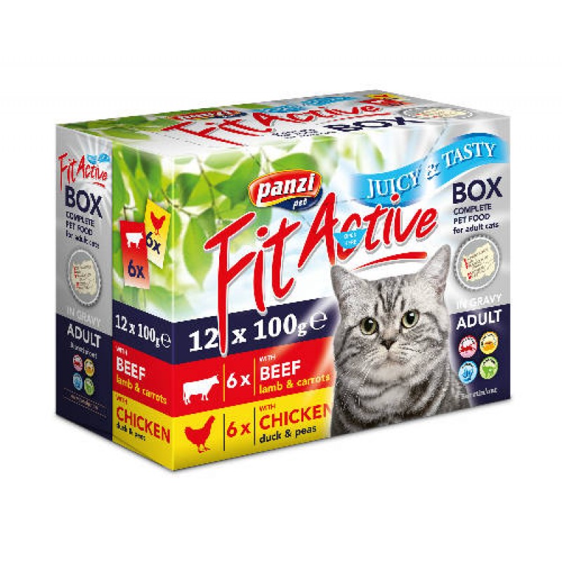Hrana umeda pentru pisici FitActive cu vita, pui, curcan, vitel 12x100 gr