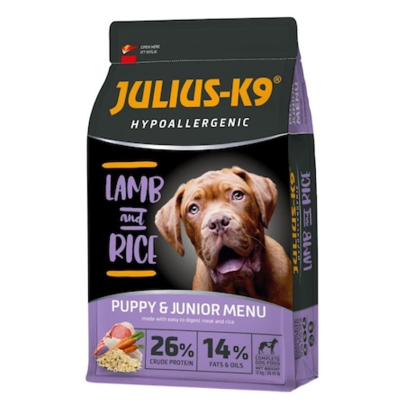 Hrana uscata pentru caini junior Julius K9 hipoalergenic cu miel si orez 12 kg