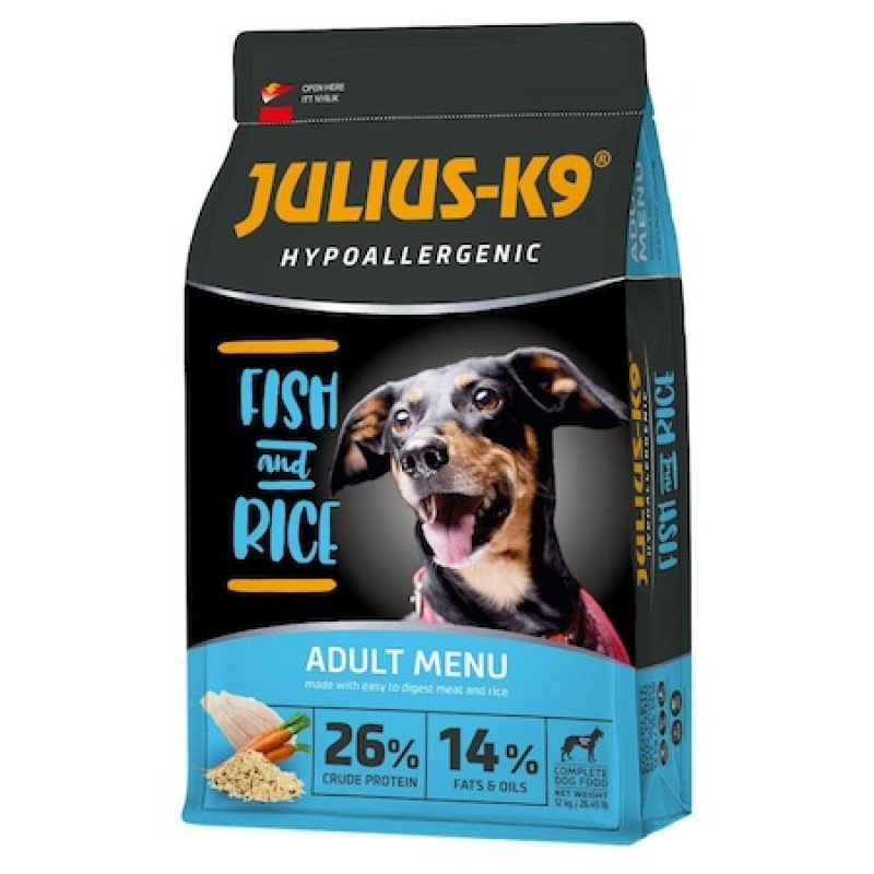 Hrana uscata pentru caini adulti Julius K9 hipoalergenic cu peste si orez 12 kg