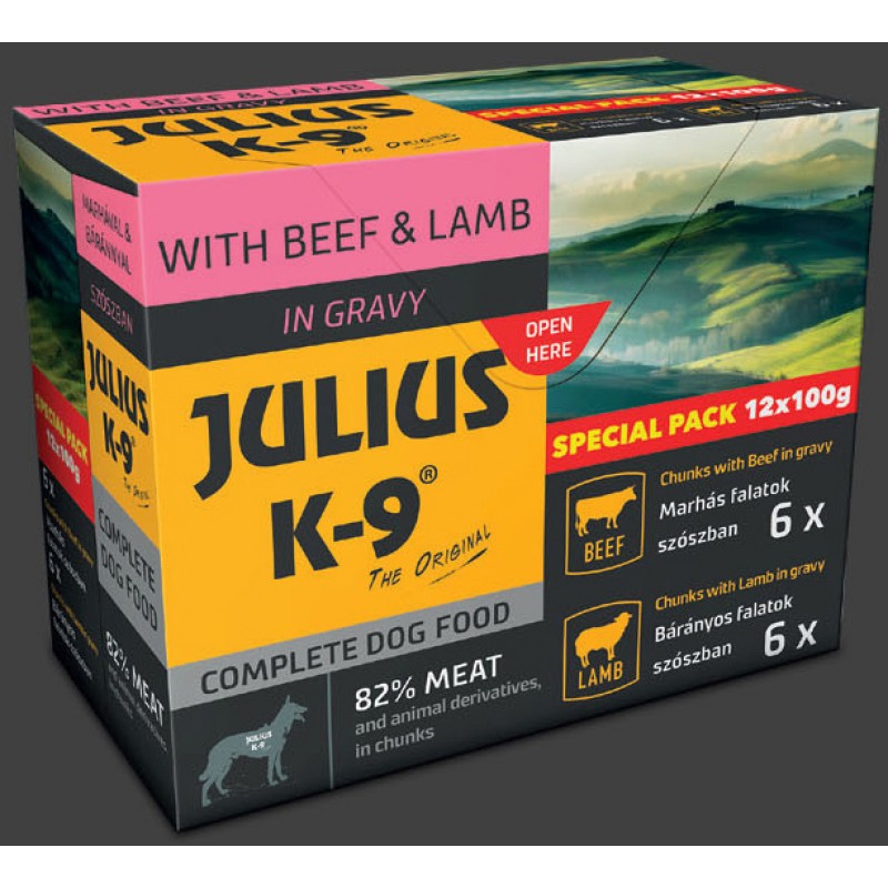 Hrana umeda pentru caini Julius K9 Special Pack cu vita si miel 12 x 100 gr